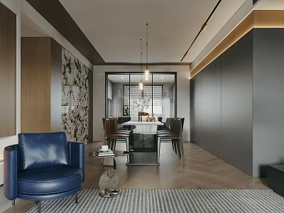 Modern Restaurant Interior With Blue Leather Chair Dining Table Pendant Lights And Geometric Wall Decor 3d model