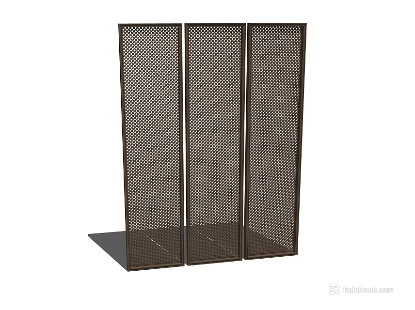 Three Panel Dark Metal Room Divider With Grid Design And Base Stand 3d model 