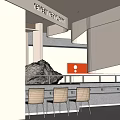 Contemporary Restaurant Interior With Grey Concrete Walls Curved Metal Structures And Orange Accent Panel