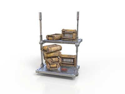 Multi Layer Metal Cart With Rolled Materials And Grille Components On Shelves 3d model