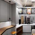 Modern Shopping Mall Cafe Store Interior With Gray Walls Wooden Bar Yellow Stools And Tables