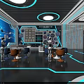 Futuristic Tech Display Featuring Robots On Circular Platforms Blue Screens And Glowing Lines 3d model