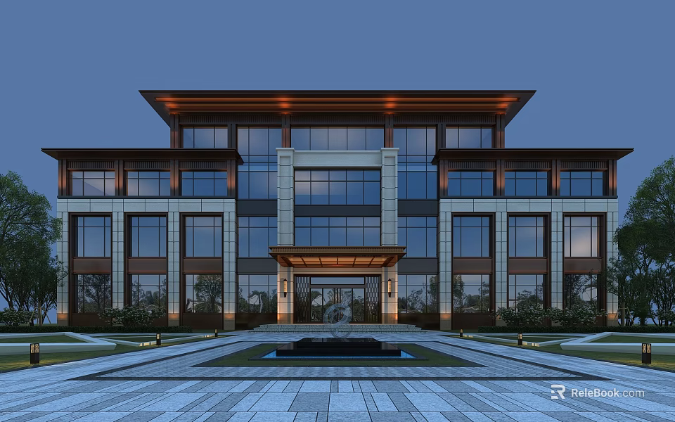 Modern Office Building With Glass Facade Stone Exterior And Central Fountain 3d model 