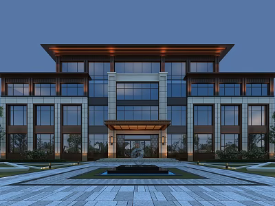 Modern Office Building With Glass Facade Stone Exterior And Central Fountain 3d model