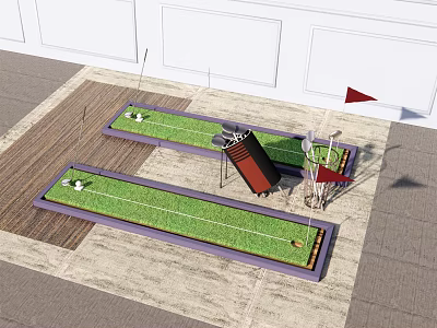 Outdoor Mini Golf Sports Equipment With Green Putting Surfaces Red Flags Holes And Balls 3d model