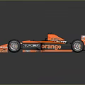Orange and Black Formula One Racing Car with Aerodynamic Design Sponsor Logos and Large Wheels