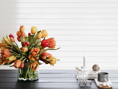 Glass Vase With Orange Yellow Tulips On Wooden Table Blinds Background And Decor Items 3d model