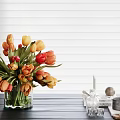 Glass Vase With Orange Yellow Tulips On Wooden Table Blinds Background And Decor Items