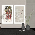 Traditional Plant Paintings With Flowers Birds On Wall And Vase Decor