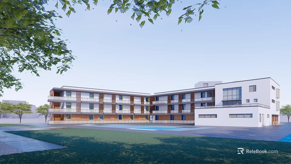 Modern School Building with Multiple Floors Large Windows Green Lawn and Swimming Pool 3d model 