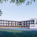 Modern School Building with Multiple Floors Large Windows Green Lawn and Swimming Pool