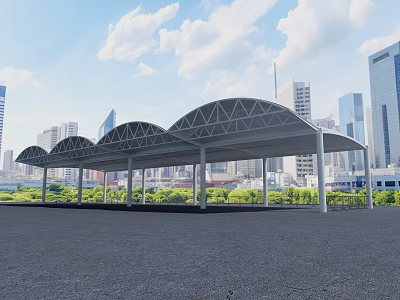 Row of Modern Sunshade Canopies with Steel Frame in Urban Outdoor Area with Green Land 3d model