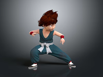 Man In Blue Martial Arts Uniform With White Belt Doing Kung Fu Stance Red Wristbands 3d model