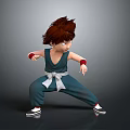 Man In Blue Martial Arts Uniform With White Belt Doing Kung Fu Stance Red Wristbands