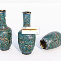 Three Blue Decorative Vases With Floral Patterns Gold Trim Two Standing One Tilted 3d model