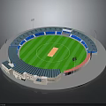 3D Rendered Cricket Stadium Design With Green Turf Brown Pitch Blue Stands And Light Poles