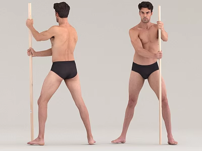 Muscular Shirtless Men Holding Wooden Stick in Front and Back Views Wearing Black Underwear 3d model