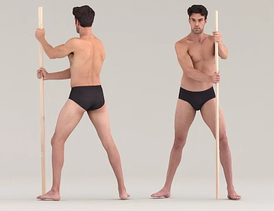 Muscular Shirtless Men Holding Wooden Stick in Front and Back Views Wearing Black Underwear 3d model