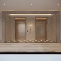 Elegant Elevator Lobby With Marble Floor Metal Doors And Wrought Iron Railing