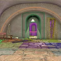 Ancient Arched Interior With Stone Floor Damaged Wall And Scattered Planks 3d model