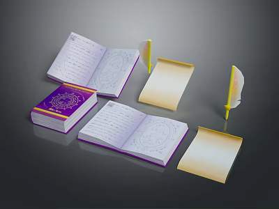 Open Books With Purple Covers Handwritten Notes And Papers Near Quill Pens 3d model