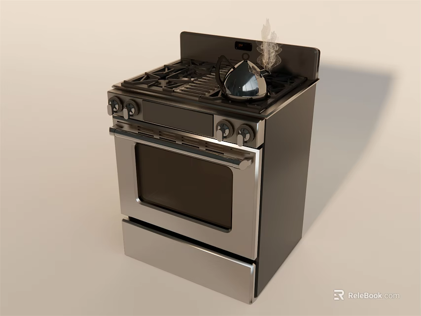 Stainless Steel Gas Stove Oven With Burners Glass Door And Kettle 3d model 