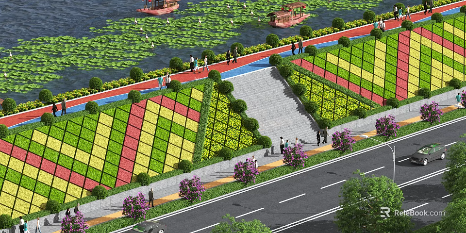 Garden Landscape With Water Lotus Leaves Boats Colorful Geometric Green Areas Pedestrians Purple Flowers Road 3d model 