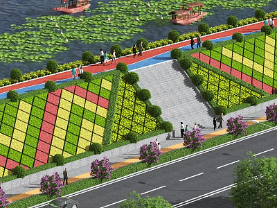 Garden Landscape With Water Lotus Leaves Boats Colorful Geometric Green Areas Pedestrians Purple Flowers Road 3d model
