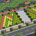 Garden Landscape With Water Lotus Leaves Boats Colorful Geometric Green Areas Pedestrians Purple Flowers Road