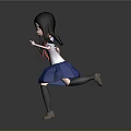 3D Anime School Girl Character With Long Black Hair Red Tie Blue Skirt Running Pose