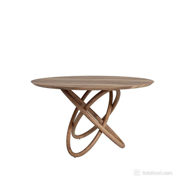 Round Wooden Dining Table With Modern Intertwined Circular Ring Base Design 3d model 