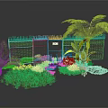 Modern Garden Area With Wire Fence Palm Tree Ferns And Lush Green Plants