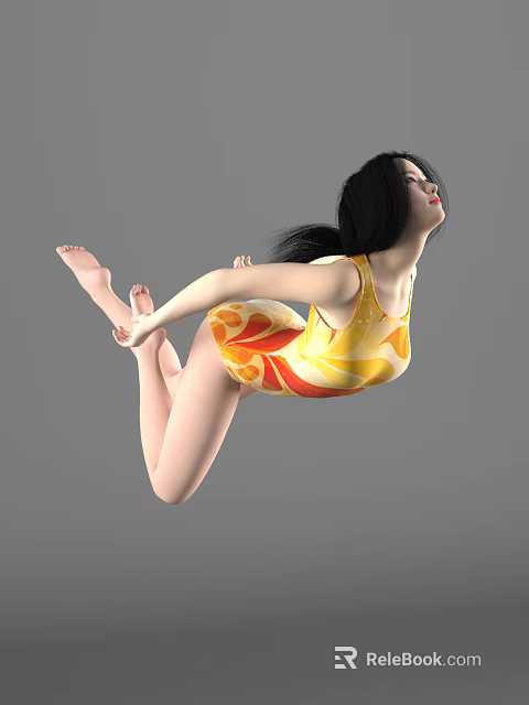 Woman In Yellow And Orange Patterned Swimsuit Performing Aerial Pose With Stretched Arms 3d model 
