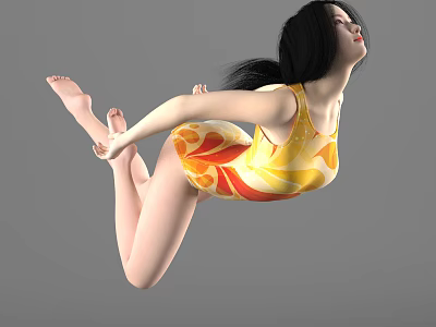 Woman In Yellow And Orange Patterned Swimsuit Performing Aerial Pose With Stretched Arms 3d model