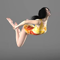 Woman In Yellow And Orange Patterned Swimsuit Performing Aerial Pose With Stretched Arms