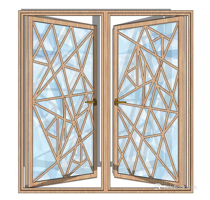 Modern Wooden Casement Window With Geometric Glass Design Open State 3d model 