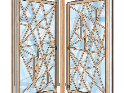 Modern Wooden Casement Window With Geometric Glass Design Open State 3d model