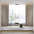 Thick Curtains And Sheer Curtain By Window In Natural Light With Green Plant Stool Rug