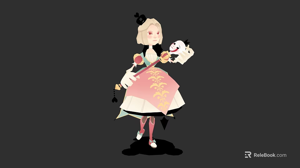 Game and Movie Character Wearing Ornate Floral Dress Holding Doll Mask with Blonde Hair 3d model 