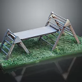 Outdoor Wooden Climbing Frame Equipment With Ladder Structure On Green Grass
