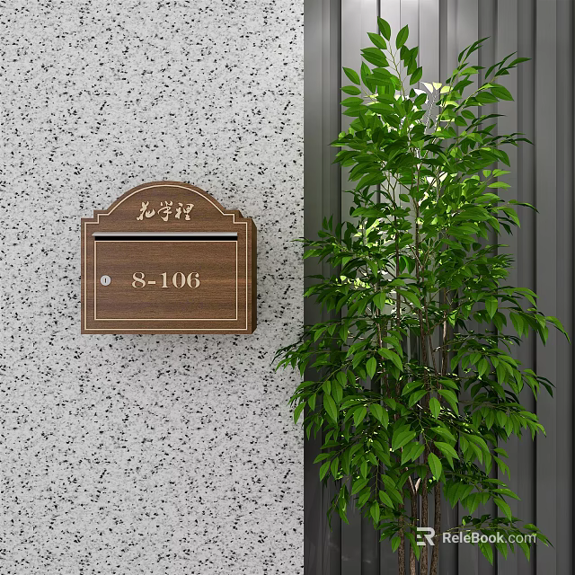 Public Mailbox With Name Plate Number 8 106 Near Green Plant On Gray Wall 3d model 