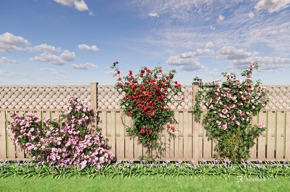Climbing Vines With Colorful Flowers On Wooden Fence And Green Grass Under Blue Sky 3d model 