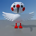 Cartoon White Bird with Red Feet Cheeks Black Beak Spread Wings Gray Ground Blue Sky