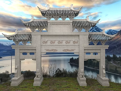 Chinese-style ancient archway traditional architecture eaves tourist attraction door entrance 3d model