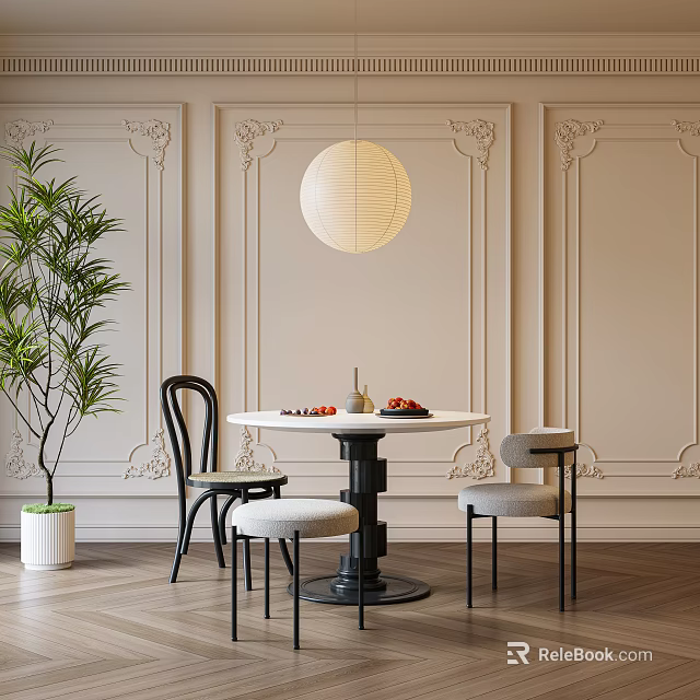 Modern Dining Table Set with Chairs Green Plant Round Pendant Light Ornate Wall Panels Wooden Floor 3d model 