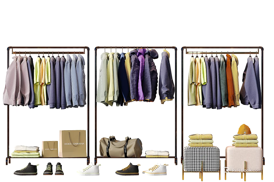 Colorful Clothes on Stylish Racks with Assorted Bags Shoes and Folded Garments 3d model 