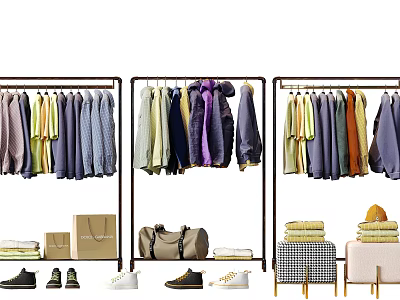 Colorful Clothes on Stylish Racks with Assorted Bags Shoes and Folded Garments 3d model