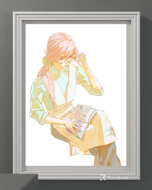 Character Illustration of Girl with Pink Hair Wearing Glasses Reading Book in Yellow Floral Apron 3d model 