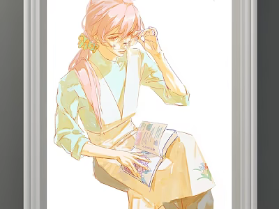 Character Illustration of Girl with Pink Hair Wearing Glasses Reading Book in Yellow Floral Apron 3d model