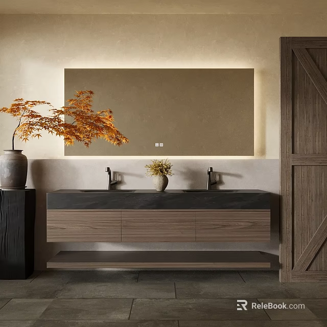 Modern Wooden Bathroom Vanity With Double Faucets Mirror And Decorative Plant 3d model 